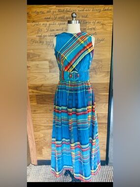 BEAUTIFUL CUSTOM MADE ONE OF A KIND VINTAGE PLAID VIBRANT BELTED MAXI DRESS SZ S